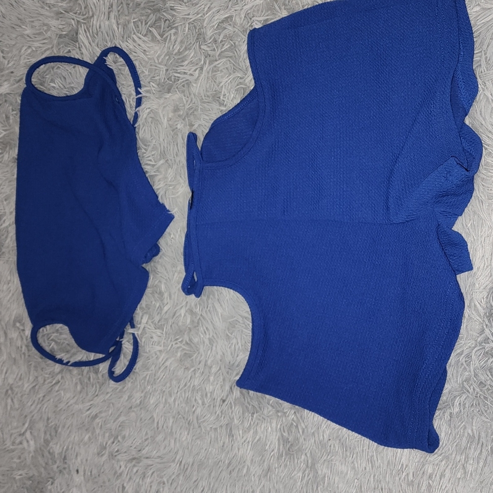 Blue crop top and tie up shorts